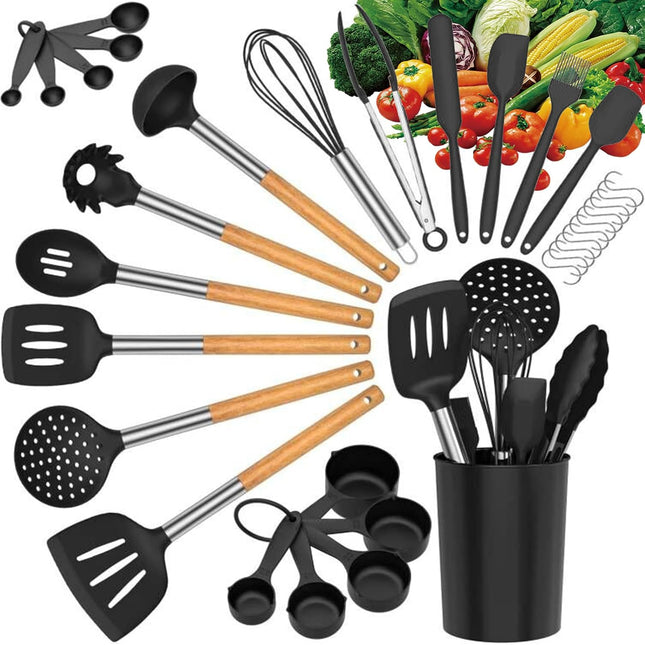 LVEON 33-Piece Silicone Kitchen Utensils Set – Wooden Handles – Black