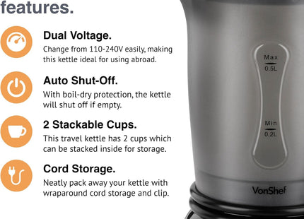 VonShef 0.5L Travel Kettle – with 2 Stackable Cups, 650W, Auto Shut-Off