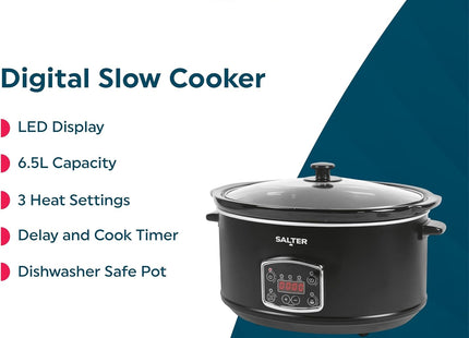 Salter Digital 6.5L Slow Cooker – LED Display, Delay Timer & Keep Warm, Black