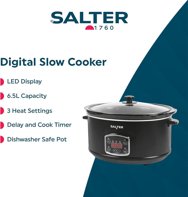 Salter Digital 6.5L Slow Cooker – LED Display, Delay Timer & Keep Warm, Black