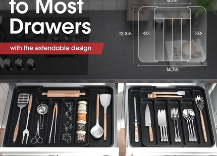 Aujen Expandable Cutlery Drawer Organiser – Adjustable Utensil Tray, Black