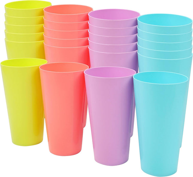 BELLE VOUS 24 Pack Reusable Plastic Cups – 600ml Colourful Party Tumblers