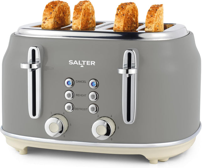 Salter Retro 4 Slice Toaster – Grey 1630W with Wide Slots & 6 Browning Levels - Used