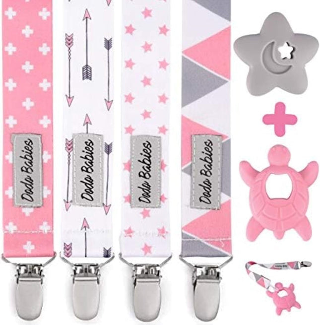 Dodo Babies Pacifier Clip & Teether Toy Set – 4 Pacifier Clips