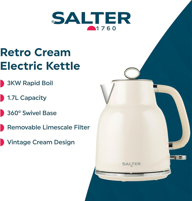 Salter Retro Cream Electric Kettle – 1.7L Rapid Boil 3kW, Vintage Design
