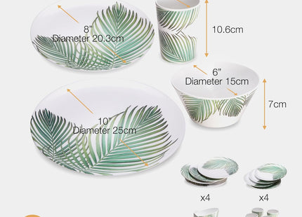 VonShef 16-Piece Melamine Dinnerware Set – Leaf Print Outdoor Dining Collection