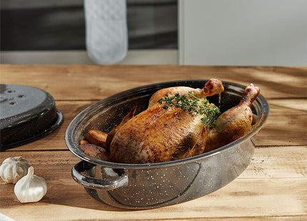 VonShef 38cm Enamel Roaster with Lid – Deep Oval Self-Basting Roasting Tin (4L)