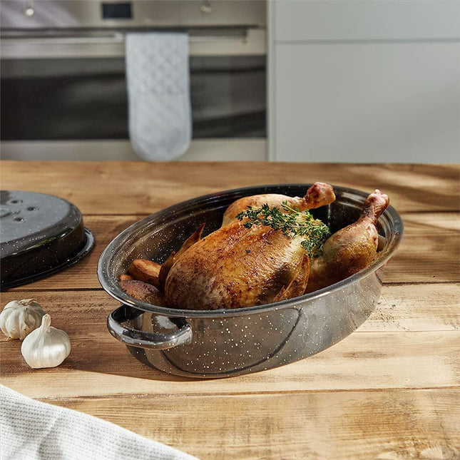 VonShef 38cm Enamel Roaster with Lid – Deep Oval Self-Basting Roasting Tin (4L)