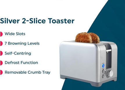 Salter Aspen 2-Slice Toaster – Wide Slots, 7 Browning Levels, 930W, Silver