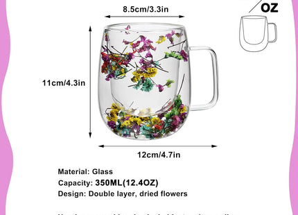ZaoKing Double-Walled Glass Mug with Dried Flowers – 350ml Insulated Cup
