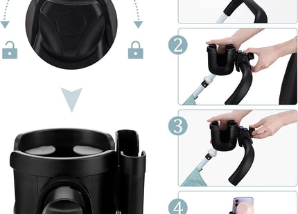 Universal Pushchair/Pram Cup Holder with Phone Storage - Black