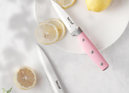 hecef 5-Piece Knife Set with Magnetic Holder – Stainless Steel Knives with Pink Handles