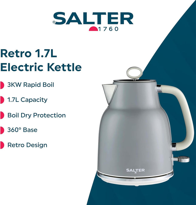 Salter Retro 1.7L Kettle – Grey, 3KW Rapid Boil, Vintage Design