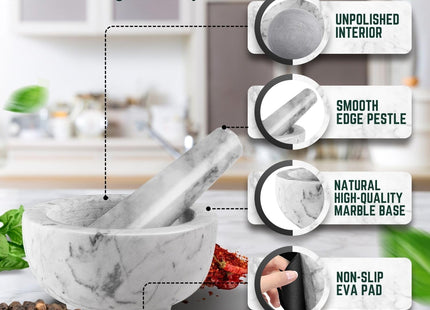 Flexzion Marble Mortar and Pestle Set – Solid White/Gray Stone Grinder Bowl