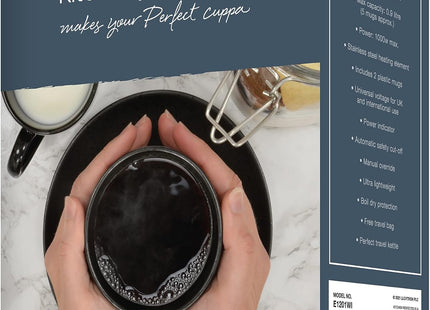 KitchenPerfected 1000W 0.9L Corded Lightweight Travel Kettle with 2 Cups