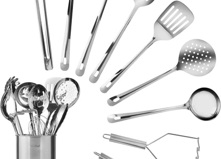 VonShef 10-Piece Kitchen Utensil Set – Stainless Steel with Storage Holder