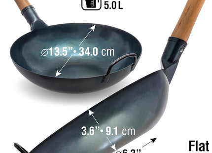 YOSUKATA 34 cm Blue Carbon Steel Wok Pan – Pre-Seasoned Flat Bottom