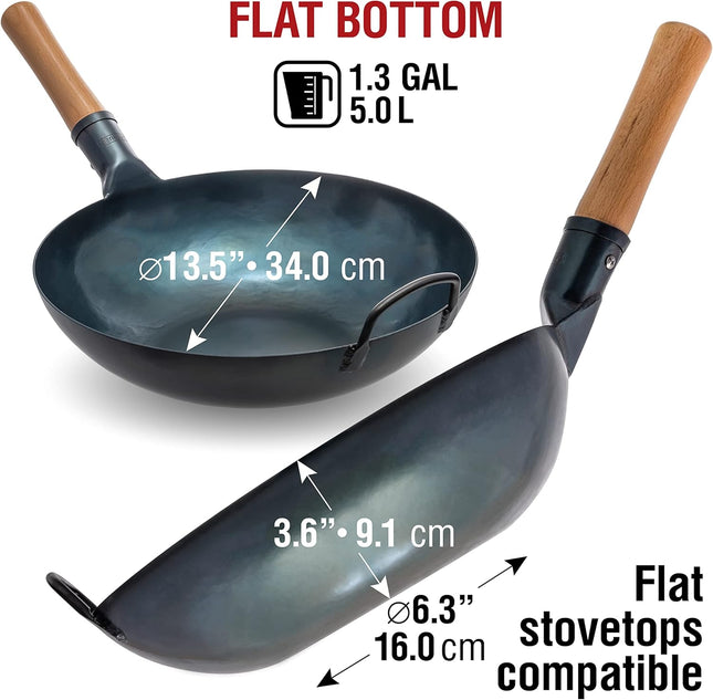 YOSUKATA 34 cm Blue Carbon Steel Wok Pan – Pre-Seasoned Flat Bottom