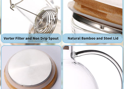 1000ml Thickened Glass Teapot with Bamboo Lid, Filter, Coaster & Cleaning Cloths