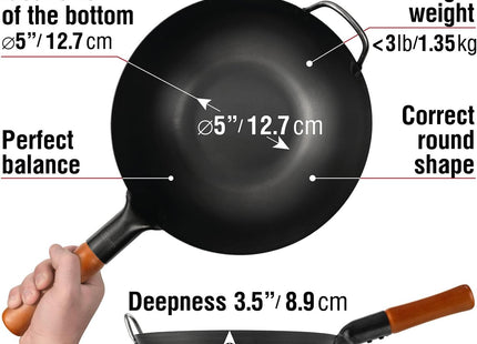 YOSUKATA 30 cm Carbon Steel Wok – Pre-Seasoned Flat Bottom Stir Fry Pan