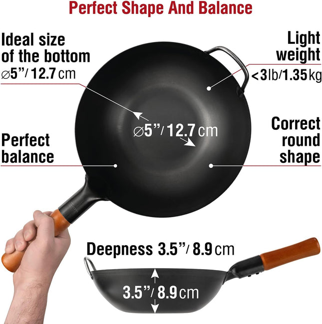 YOSUKATA 30 cm Carbon Steel Wok – Pre-Seasoned Flat Bottom Stir Fry Pan