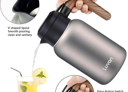 Luvan 2L Thermal Coffee Carafe – 316 Stainless Steel, Vacuum Insulated, Wood Grip