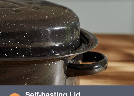 VonShef 38cm Enamel Roaster with Lid – Deep Oval Self-Basting Roasting Tin (4L)