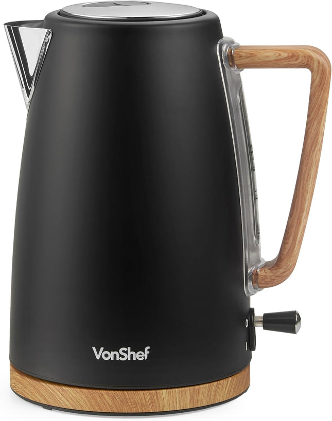 VonShef Fika Electric Kettle – 1.7L Rapid Boil 3000W, Black Nordic Design