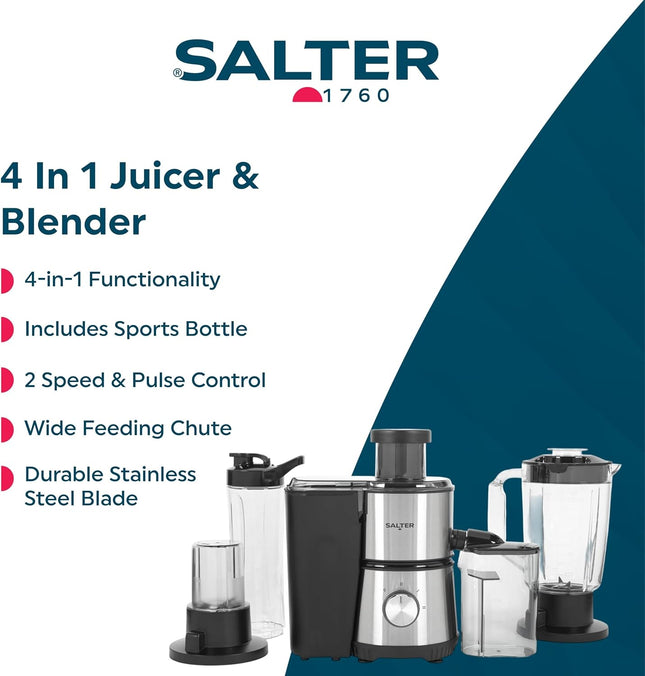 Salter 4-in-1 Juicer & Blender 400W – Smoothie Maker with Grinder & Sports Bottle