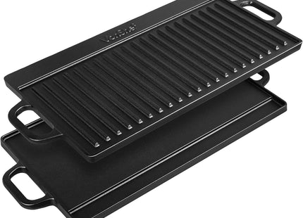 VonShef Reversible Cast Iron BBQ Griddle Pan with Handles – 50cm, Pre-Seasoned Non-Stick, Double-Sided for Hob, Oven & BBQ