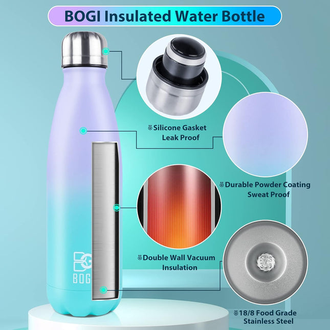 BOGI Insulated Water Bottle – 500ml Stainless Steel, Leakproof, Mint