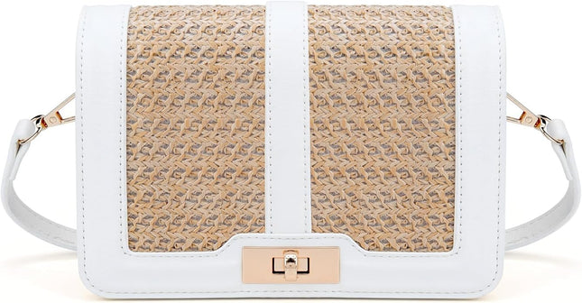 FALETO Straw Crossbody Bag – Flap Handbag with Vegan Leather Stitching