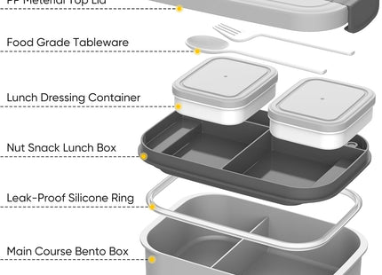 BIBURY Leakproof Bento Lunch Box – 1.9L, 4 Compartments - Grey