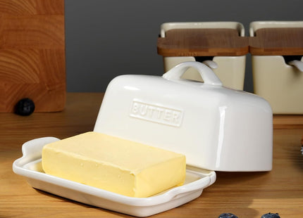 JSHKY Large Porcelain Ceramic Butter Dish for 500g British Butter – White