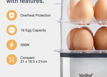 VonShef 3-in-1 Egg Boiler, Poacher & Omelette Maker – 16 Egg Capacity, Stainless Steel 500W Electric Cooker with Auto Shut-Off
