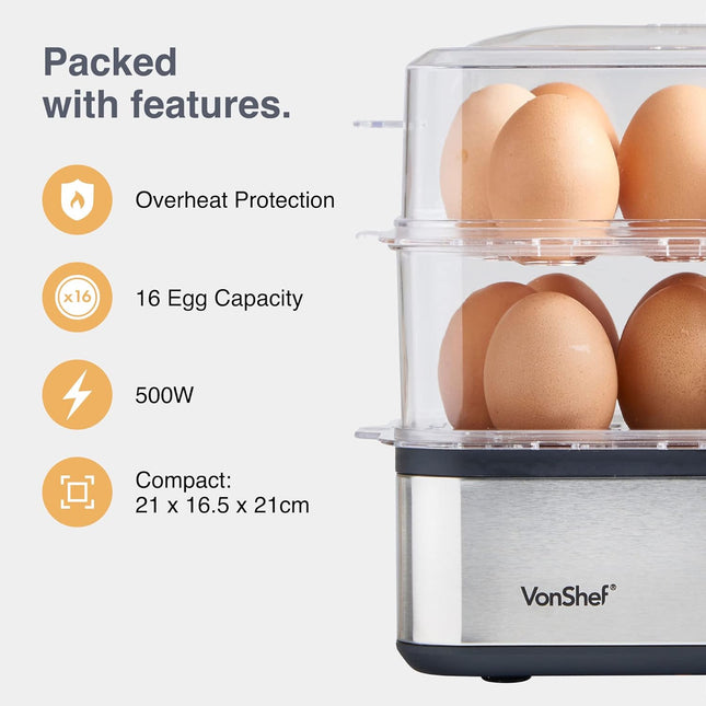 VonShef 3-in-1 Egg Boiler, Poacher & Omelette Maker – Stainless Steel 500W - Used