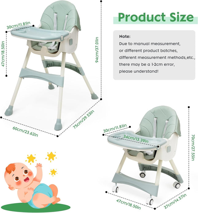 Nukdey 5-in-1 Convertible Baby High Chair Green – Folding Adjustable Feeding Chair