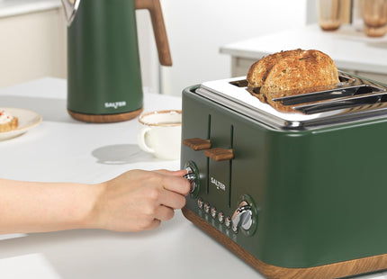 Salter Toronto 4-Slice Toaster – Wide Slots, Wood Effect Finish, Green, 1630W