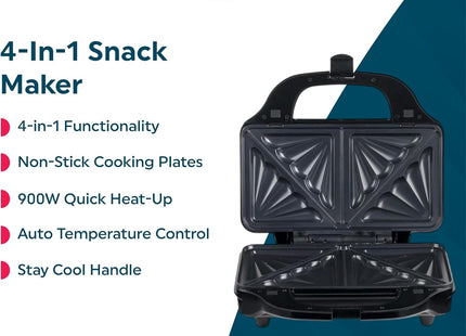Salter 4-In-1 Snack Maker – Toastie, Waffle, Panini & Omelette Maker, 900W