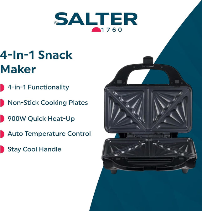 Salter 4-In-1 Snack Maker – Toastie, Waffle, Panini & Omelette Maker, 900W