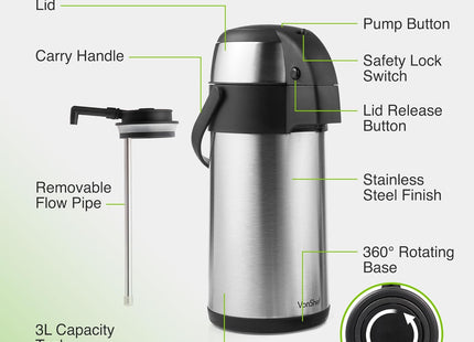 VonShef Stainless Steel Airpot – 3L & 5L Double-Wall Insulated Dispenser