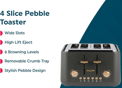 Salter Pebble 4-Slice Toaster – Wide Slots, 6 Browning Levels, Charcoal, 1630W