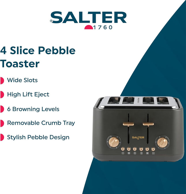 Salter Pebble 4-Slice Toaster – Wide Slots, 6 Browning Levels, Charcoal, 1630W