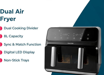 Salter Fuzion Dual Air Fryer – 8L XL Capacity with Removable Divider, 1700W