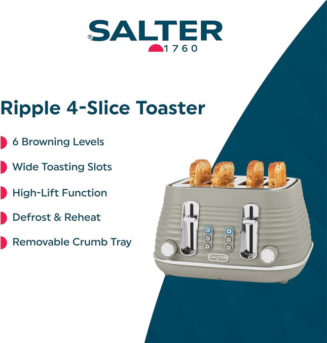 Salter Ripple 4 Slice Toaster – Taupe, Wide Slots, 1630W - Beige