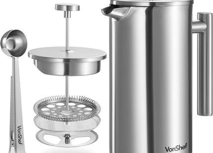 VonShef 12 Cup Cafetiere with 2-in-1 Spoon – 1.5L Stainless Steel