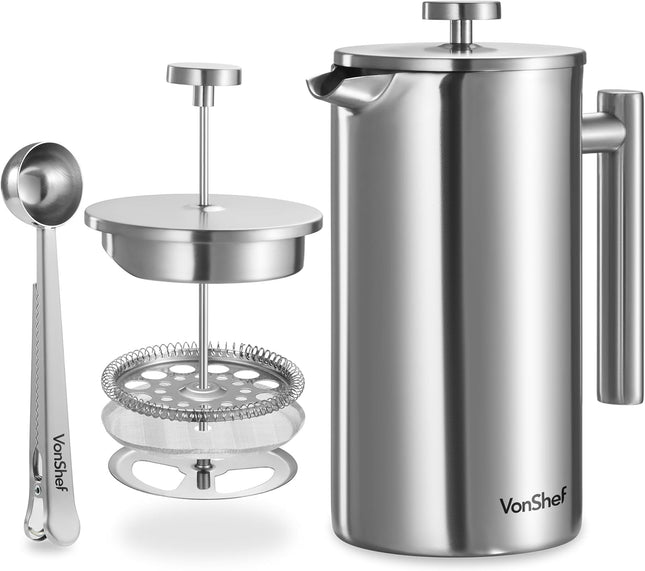 VonShef 12 Cup Cafetiere with 2-in-1 Spoon – 1.5L Stainless Steel