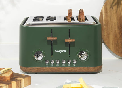 Salter Toronto 4-Slice Toaster – Wide Slots, Wood Effect Finish, Green, 1630W