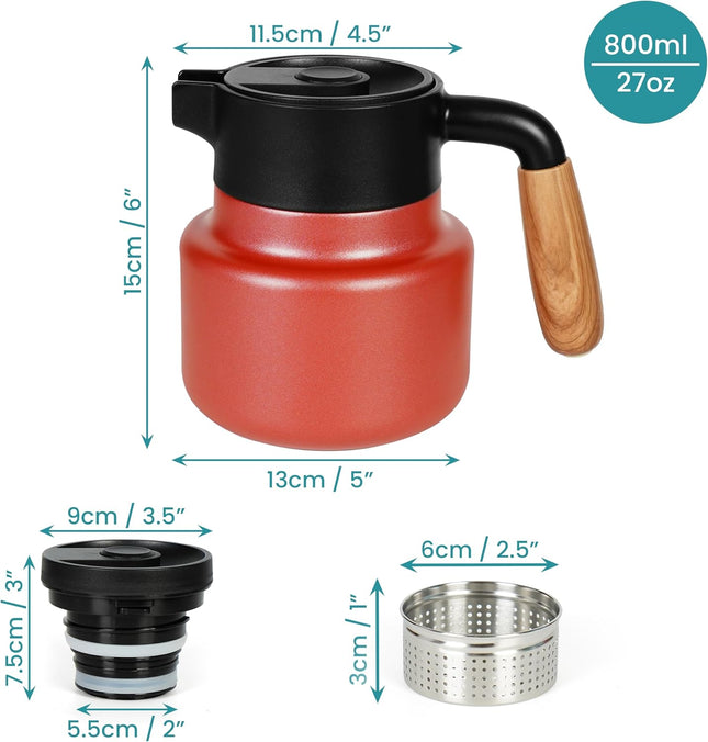 BELLE VOUS 800ml Red Stainless Steel Carafe – Vacuum Insulated Coffee Jug