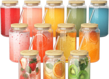 Finew 12-Pack Can Shaped Glasses – 16oz Cups with Bamboo Lids & Straws